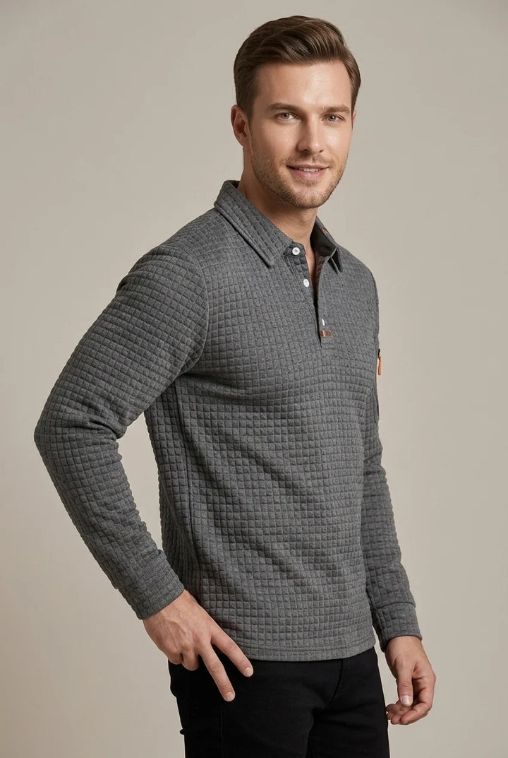 Polo Homme à Manches Longues – Maille Texturée Damier Moderne