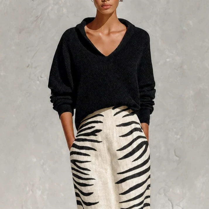 Ensemble Femme Haut Maille et Jupe Midi Imprimée – V-Col Décontracté Élégant