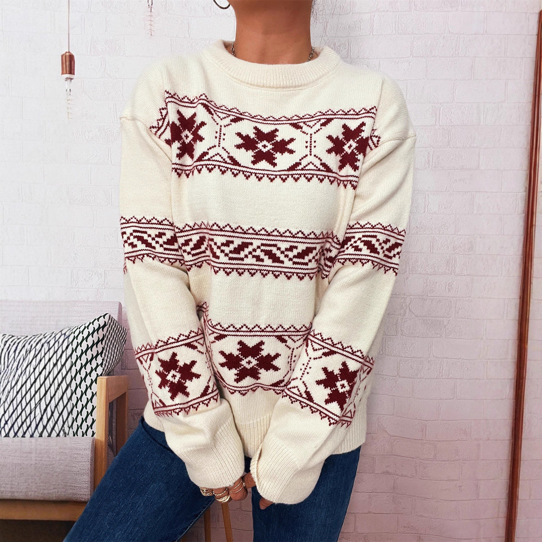 Pull Femme Jacquard Flocon – Col Rond Coupe Ample