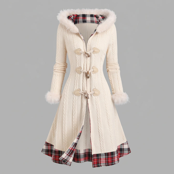 Manteau Femme à Capuche Patchwork Pied-de-Poule – Détail Nœud Longue Coupe