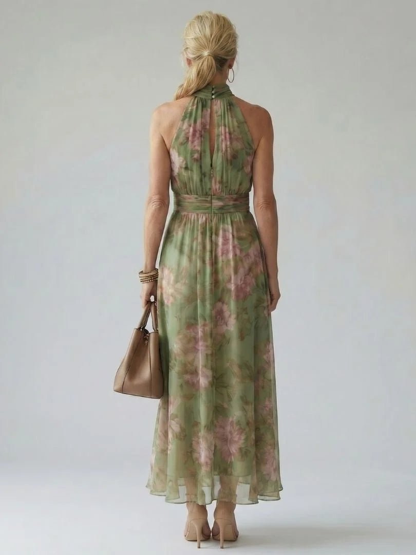 Langes Damenkleid – Neckholder-Ausschnitt, taillierte Passform, ausgestellter Saum