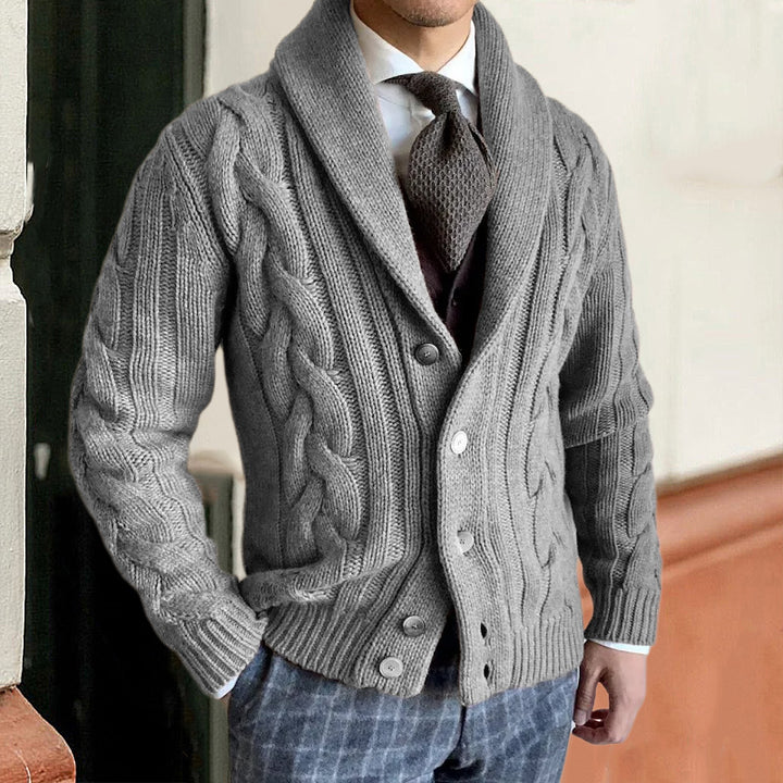 Herren-Cardigan aus Strickwaren – Geknöpfter Schalkragen mit Zopfmuster