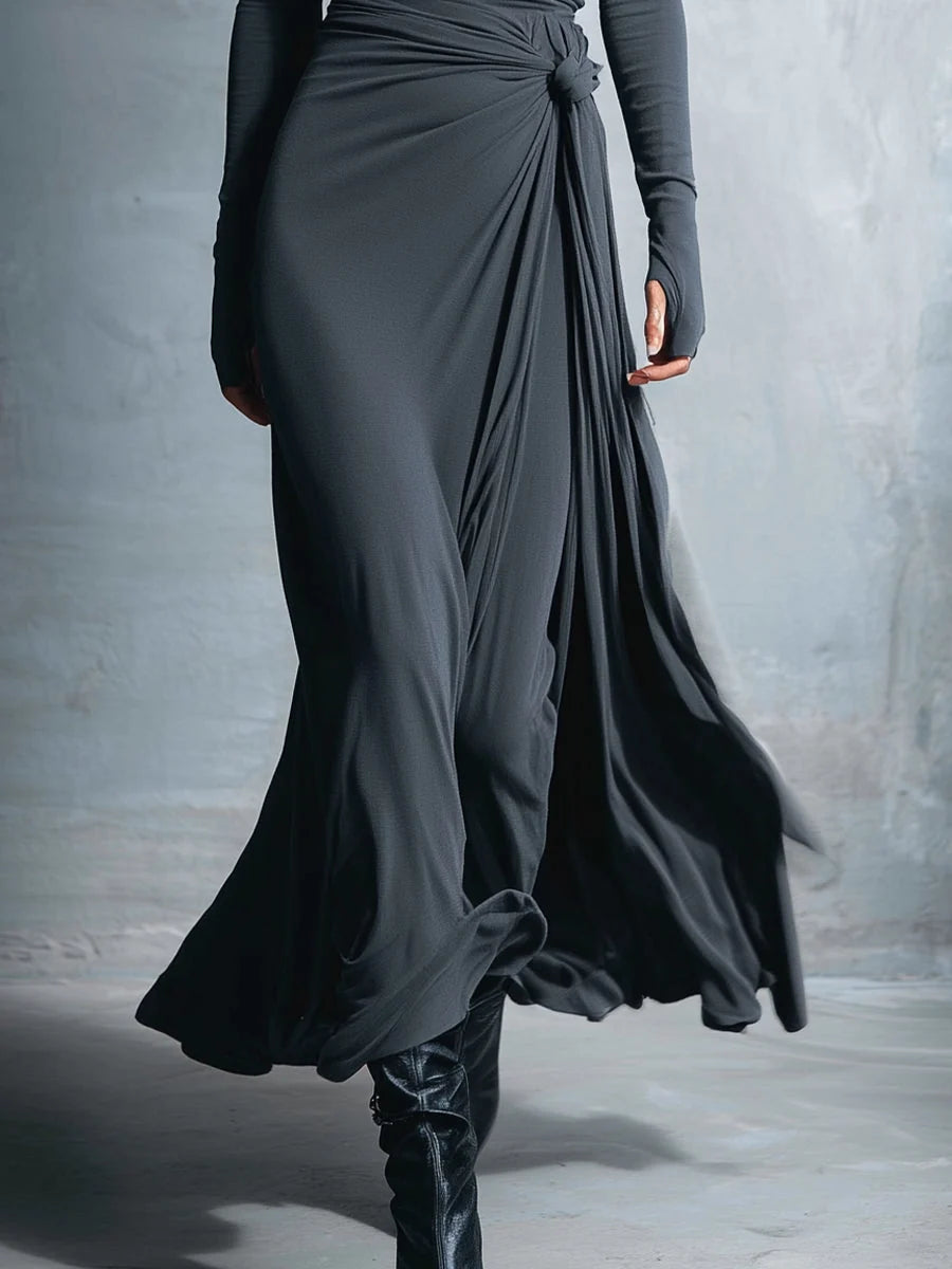 Elegantes Maxi-Wickelkleid für Damen mit Schleifenmuster und langen Ärmeln