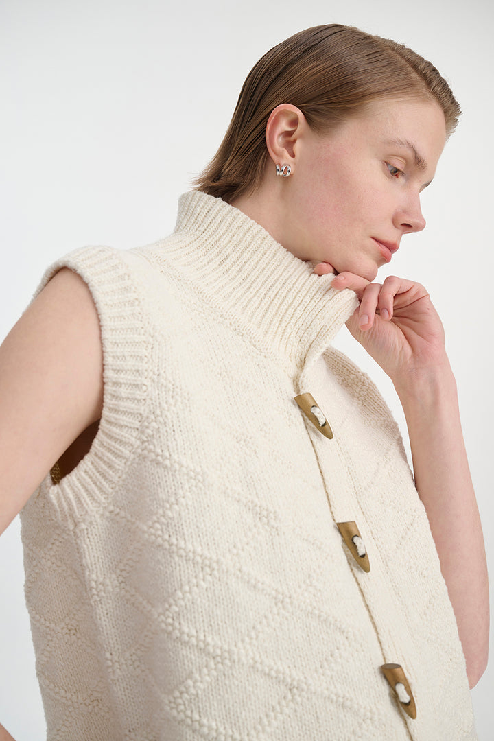 Gilet Femme en Coton Tissé – Motif Losange Vintage