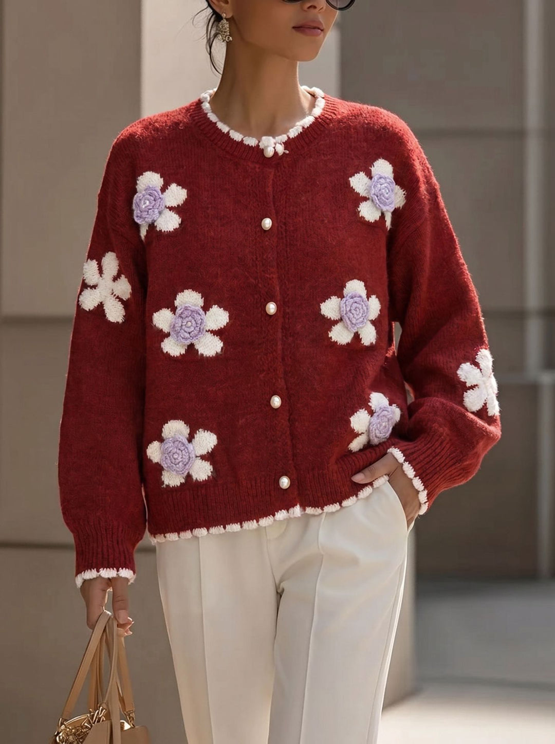 Gilet Femme en Maille – Détail Fleurs 3D, Coupe Décontractée