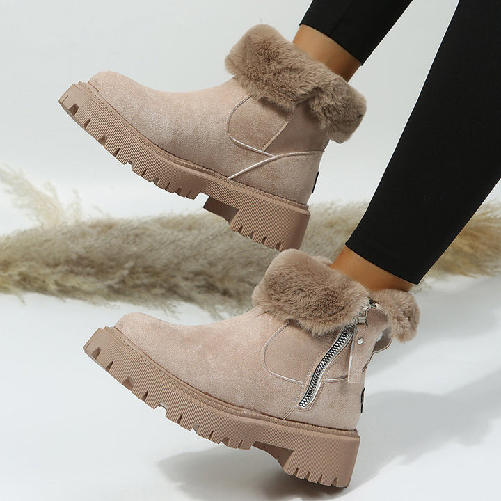 Botte Femme Hiver – Tige Aspect Daim, Fermeture Zip, Doublure Fourrure