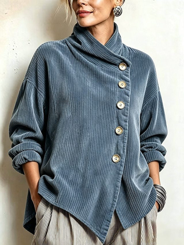 Veste Femme en Velours Côtelé – Col Haut Asymétrique Moderne