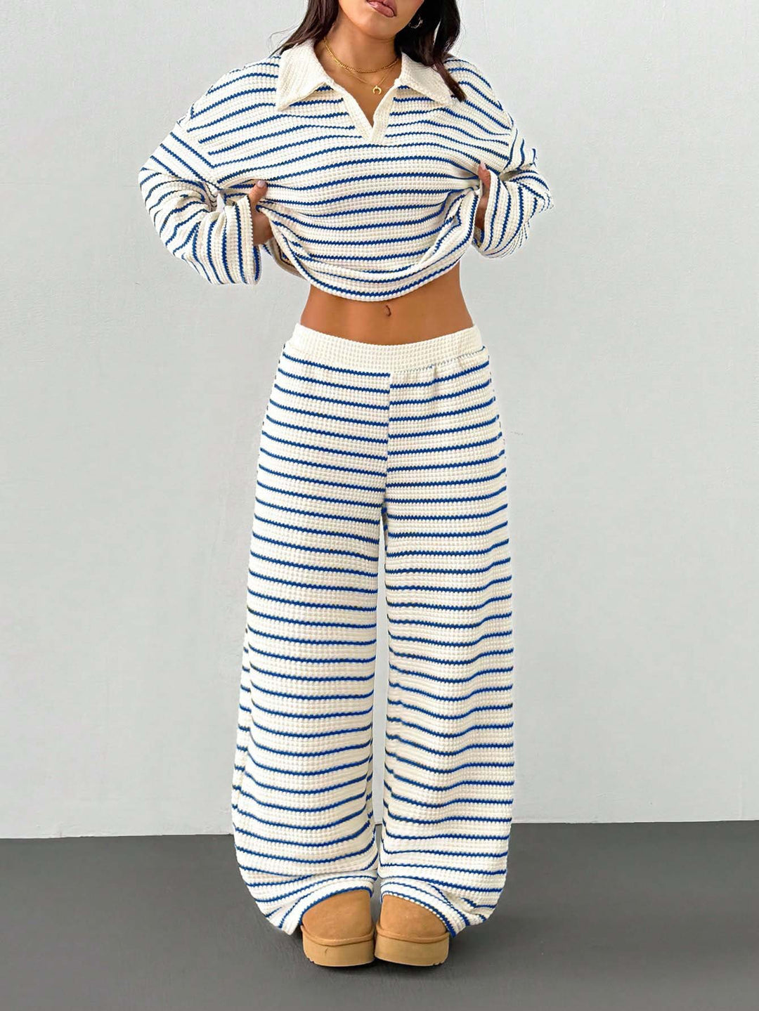 Ensemble Deux Pièces Femme Rayé – Maille Décontractée Pantalon Large