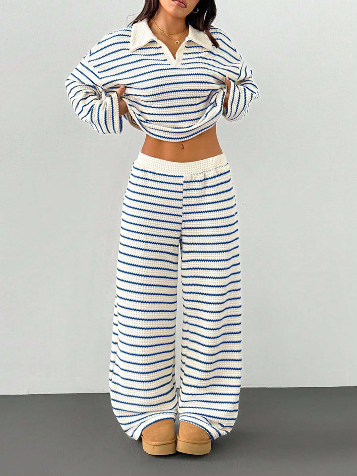 Ensemble Deux Pièces Femme Rayé – Maille Décontractée Pantalon Large