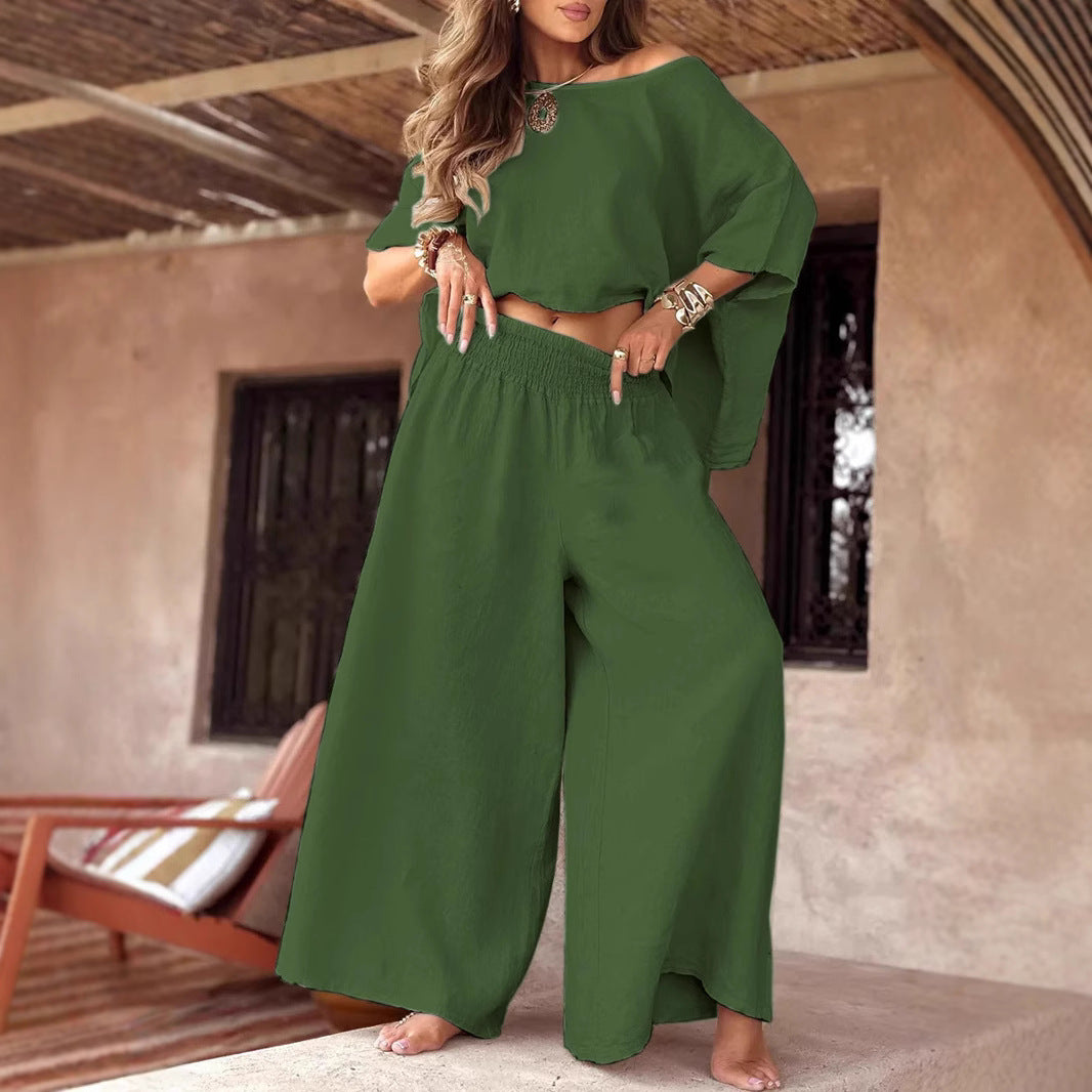Sæt til damer i to dele – Afslappet off-shoulder-top og vide bukser