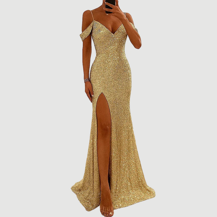Robe Longue Femme à Sequins – Coupe Épaules Dénudées