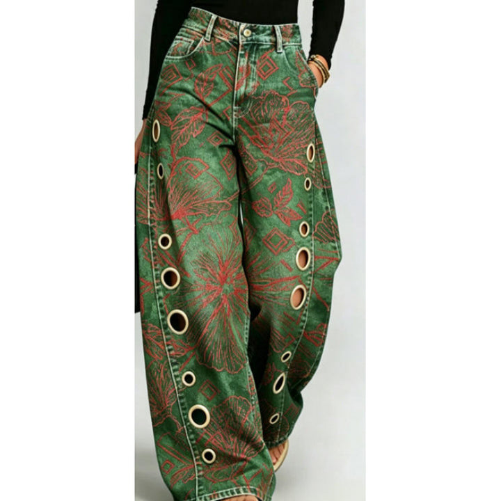 Pantalon Femme Taille Haute Jambe Large – Imprimé Graphique et Anneau