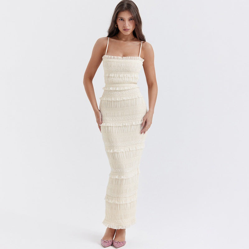 Abito lungo da donna con spalline e paillettes – dettaglio elastico