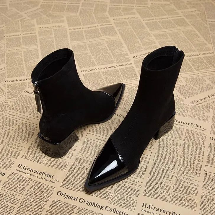 Bottines Femme à Talon Large – Bout Pointu Tige Basse