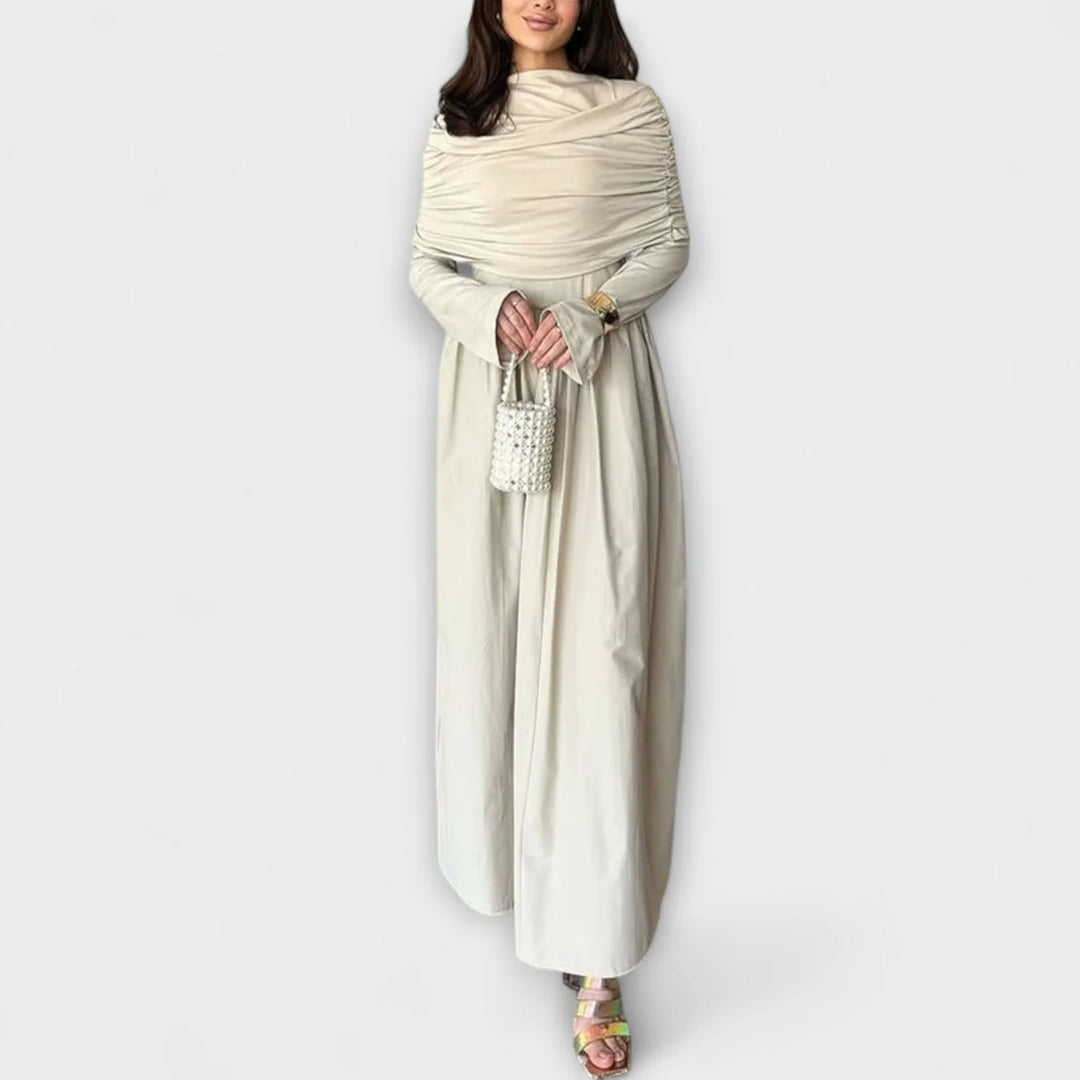 Langes plissiertes Damenkleid – Stehkragen, lange Ärmel