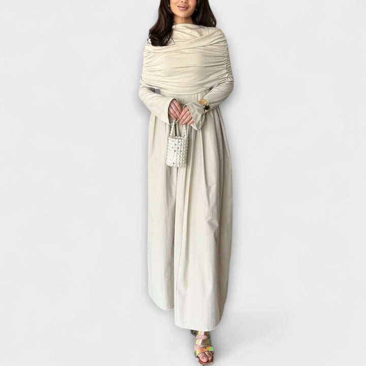 Langes plissiertes Damenkleid – Stehkragen, lange Ärmel