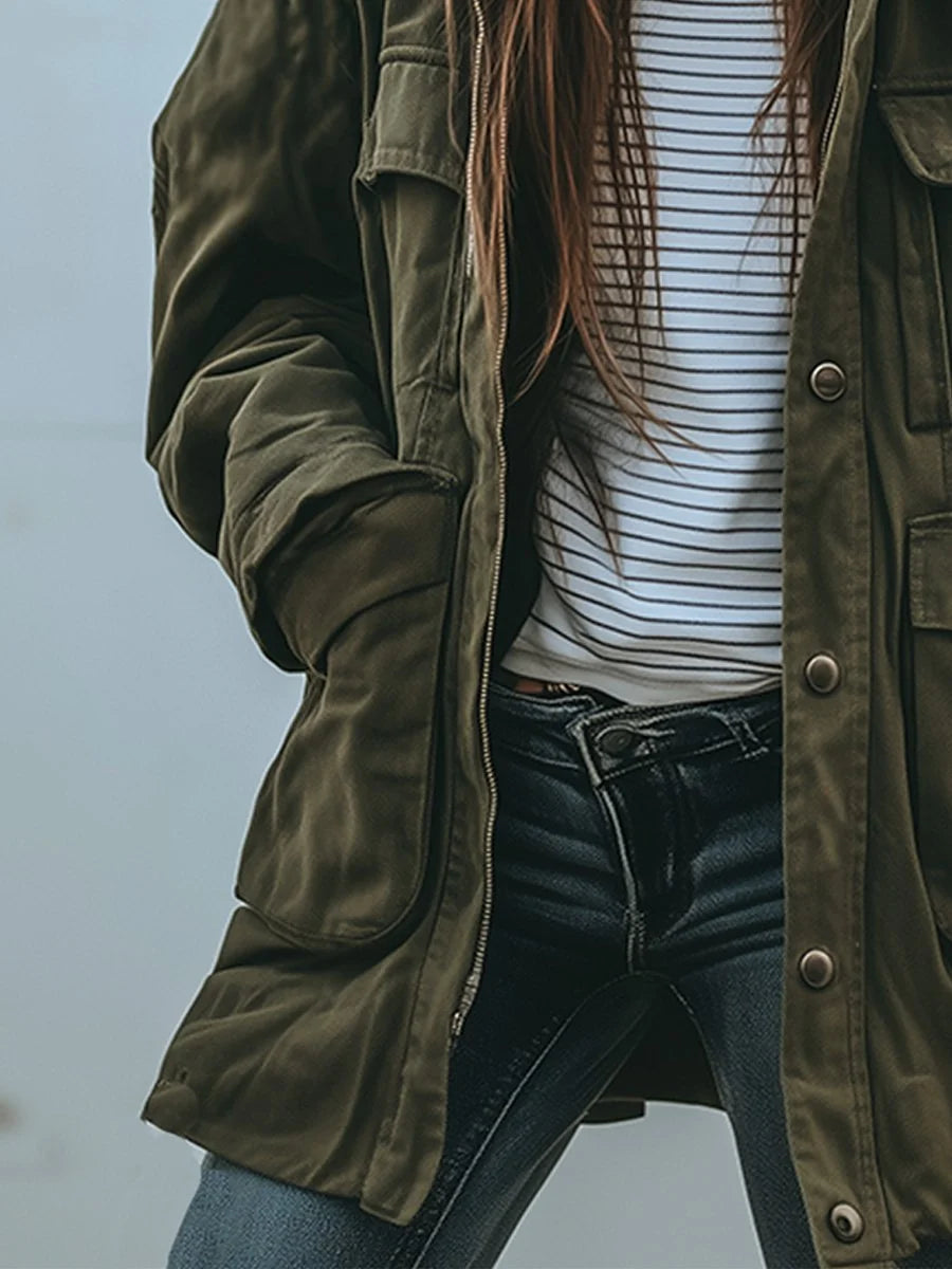 Veste Femme Windbreaker Utility – Col Amovible, Coupe Loose