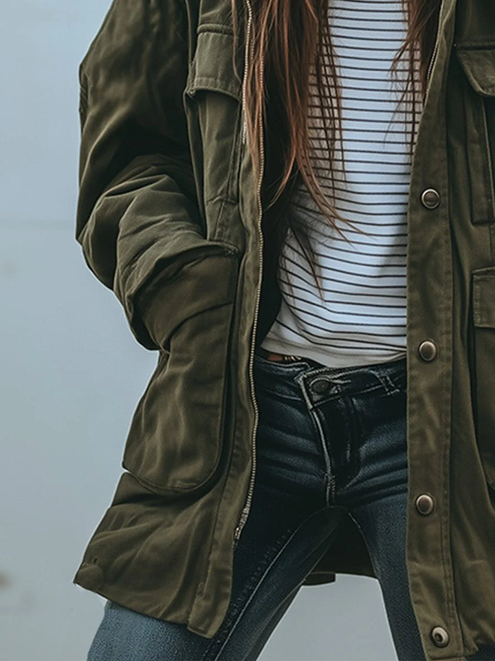 Veste Femme Windbreaker Utility – Col Amovible, Coupe Loose