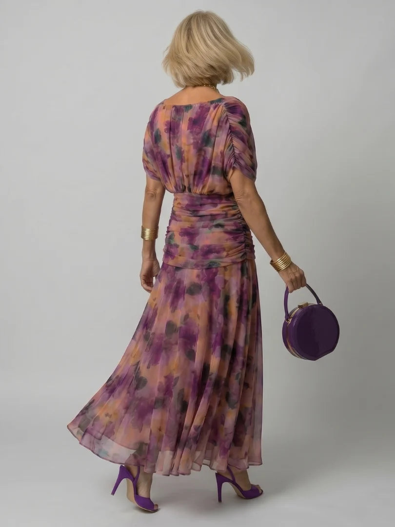 Robe Femme Maxi Chiffon – Imprimé Col V Manches Courtes