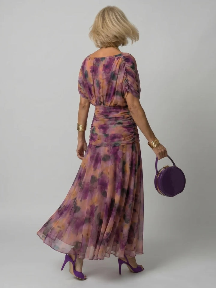 Robe Femme Maxi Chiffon – Imprimé Col V Manches Courtes