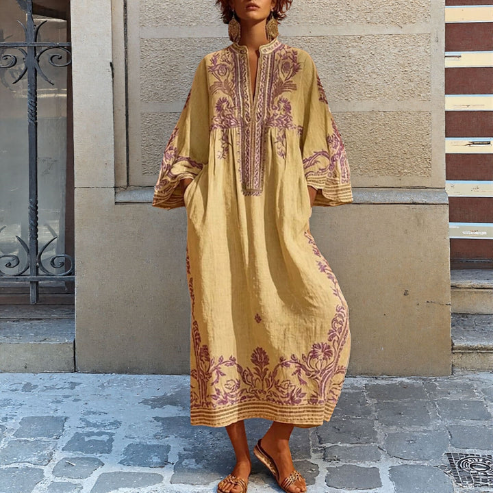 Robe Longue Femme Bohème Col V – Coupe Décontractée Imprimée