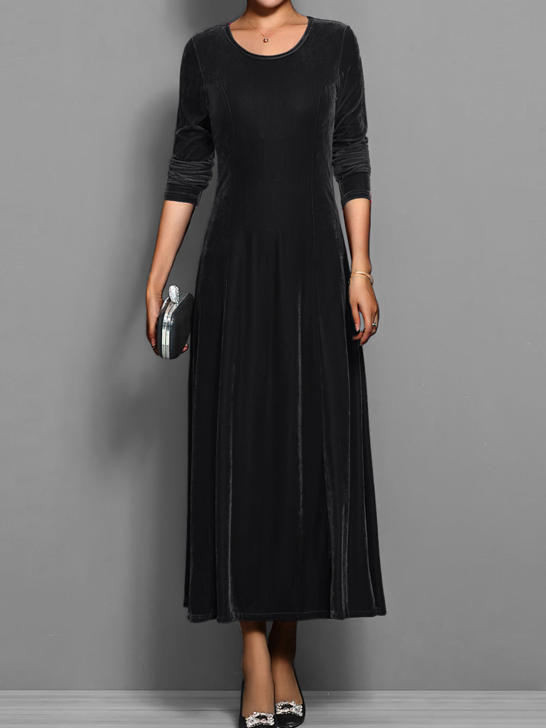Langes Damen-Samtkleid – A-Linien-Schnitt mit eleganten 3/4-Ärmeln