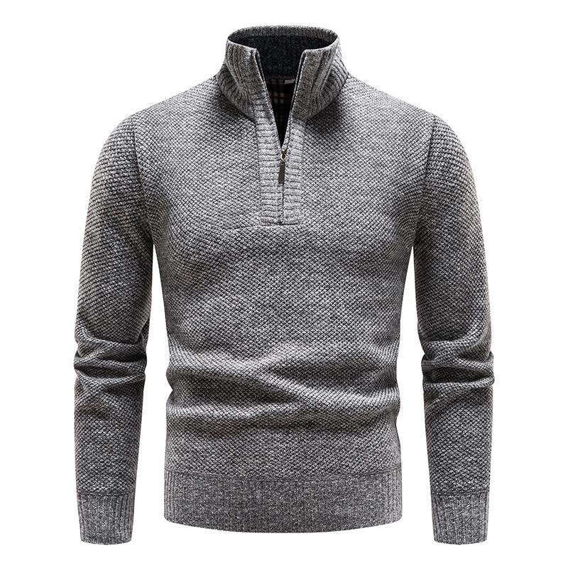 Herren-Pullover aus Baumwolle mit Stehkragen - Schmale Passform und Jacquard-Muster mit halbem Reißverschluss