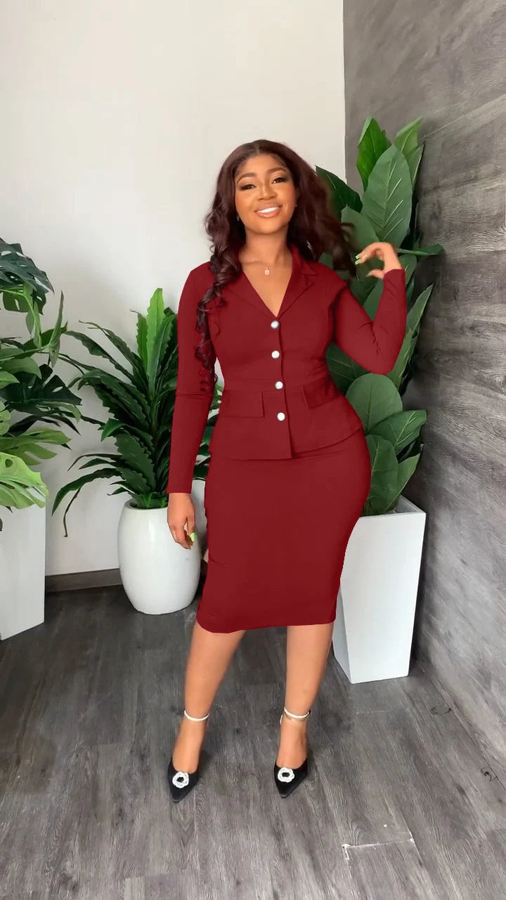 Tailleur Deux Pièces Femme – Veste Col Chemise &amp; Jupe Mi-Longue