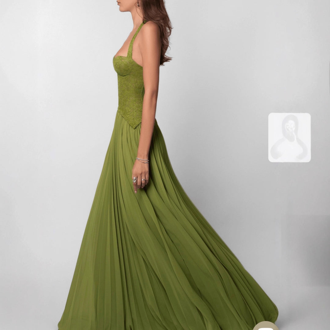 Robe Femme à Dos Nu – Plissée, Décolleté Plongeant, Liens Nuque