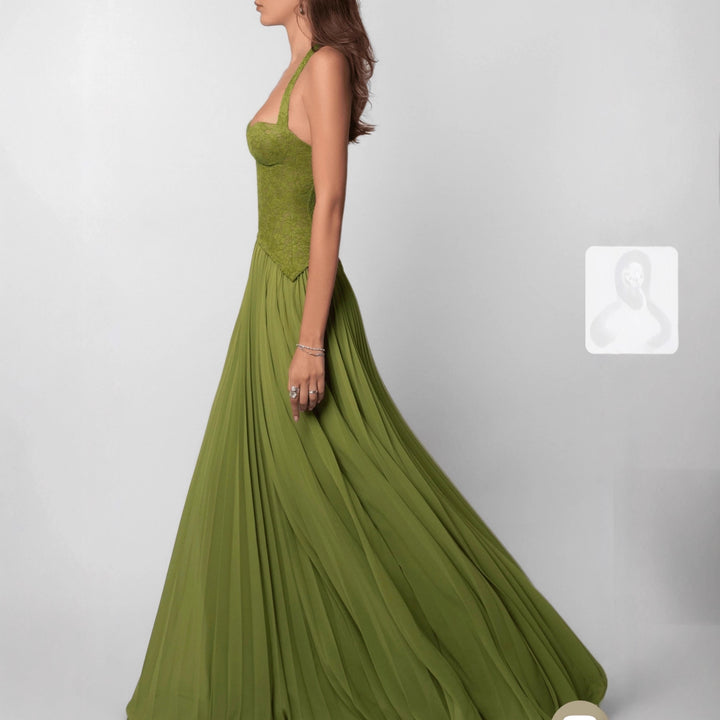 Robe Femme à Dos Nu – Plissée, Décolleté Plongeant, Liens Nuque
