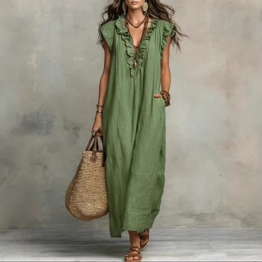 Maxikleid für Damen ohne Ärmel – elegante Volants und praktische Taschen
