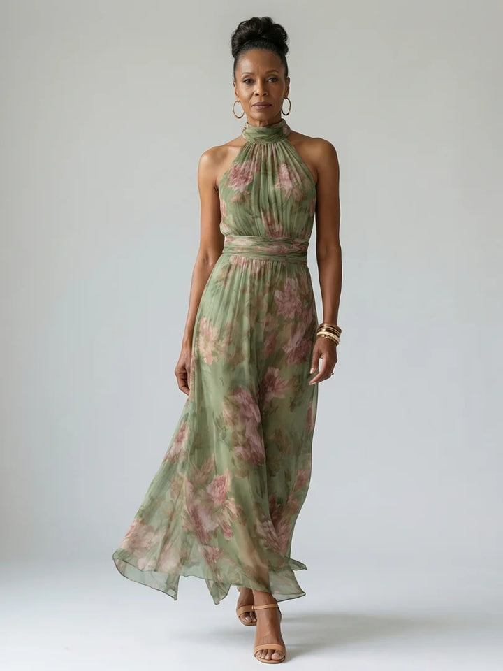 Langes Damenkleid – Neckholder-Ausschnitt, taillierte Passform, ausgestellter Saum