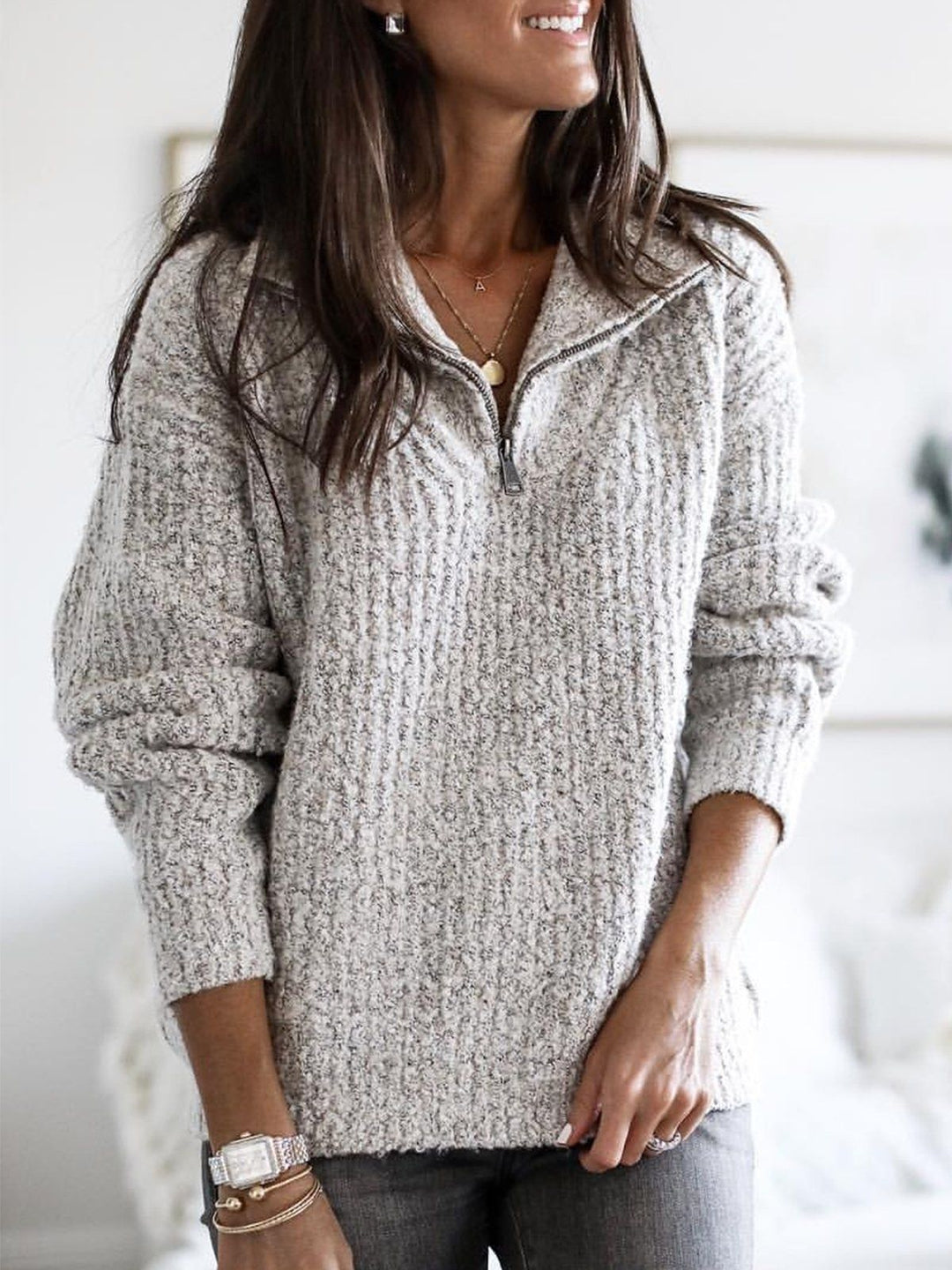 Pull Femme en Coton – Col Montant Texturé Maille Fine
