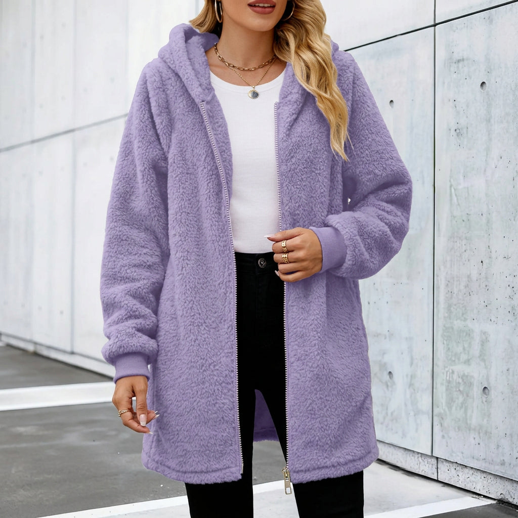 Manteau Cardigan Femme à Capuche Zippé Effet Velours – Coupe Décontractée