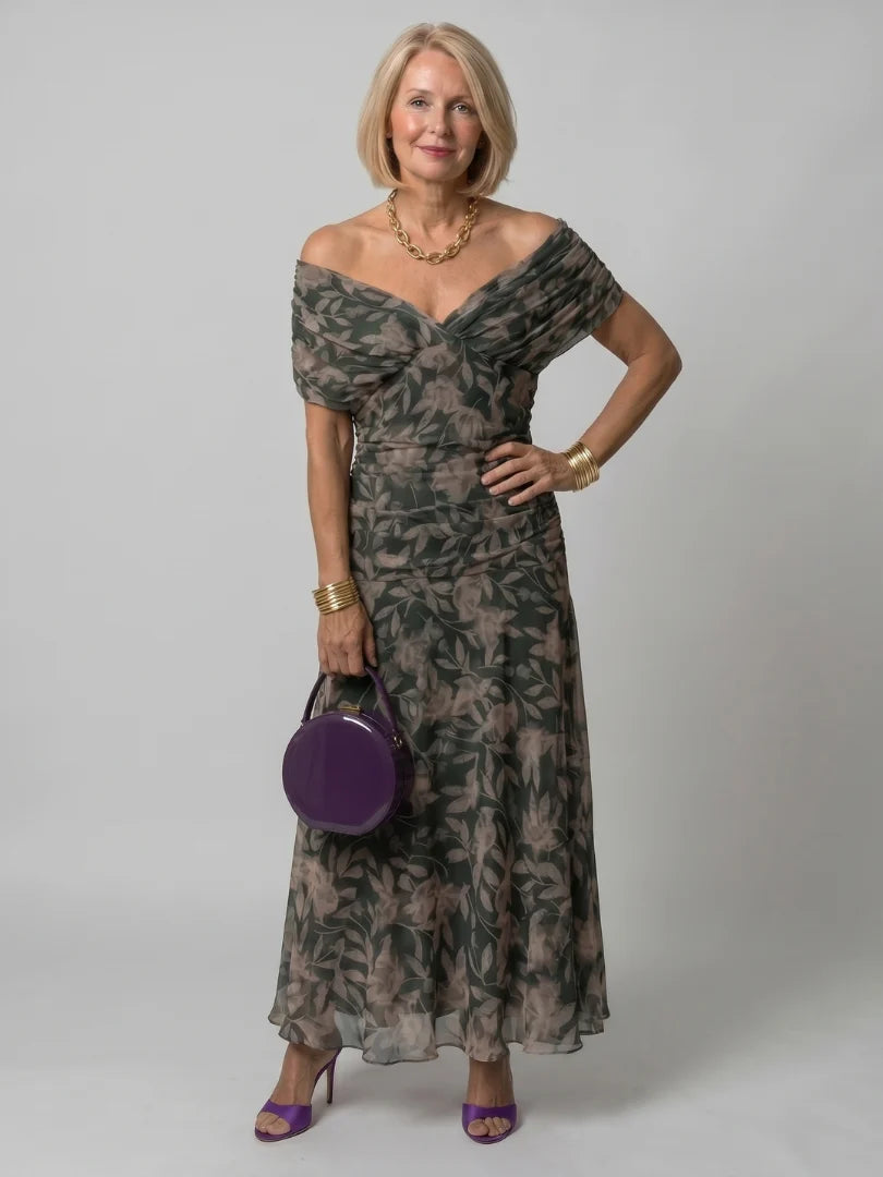 Robe Femme Maxi Chiffon – Imprimé Col V Manches Courtes