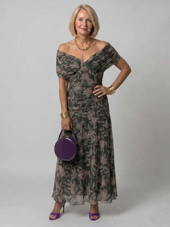 Robe Femme Maxi Chiffon – Imprimé Col V Manches Courtes