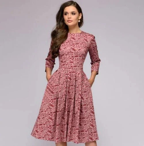 Robe Femme Midi Évasée Imprimée – Plissé Élégant Taille Marquée