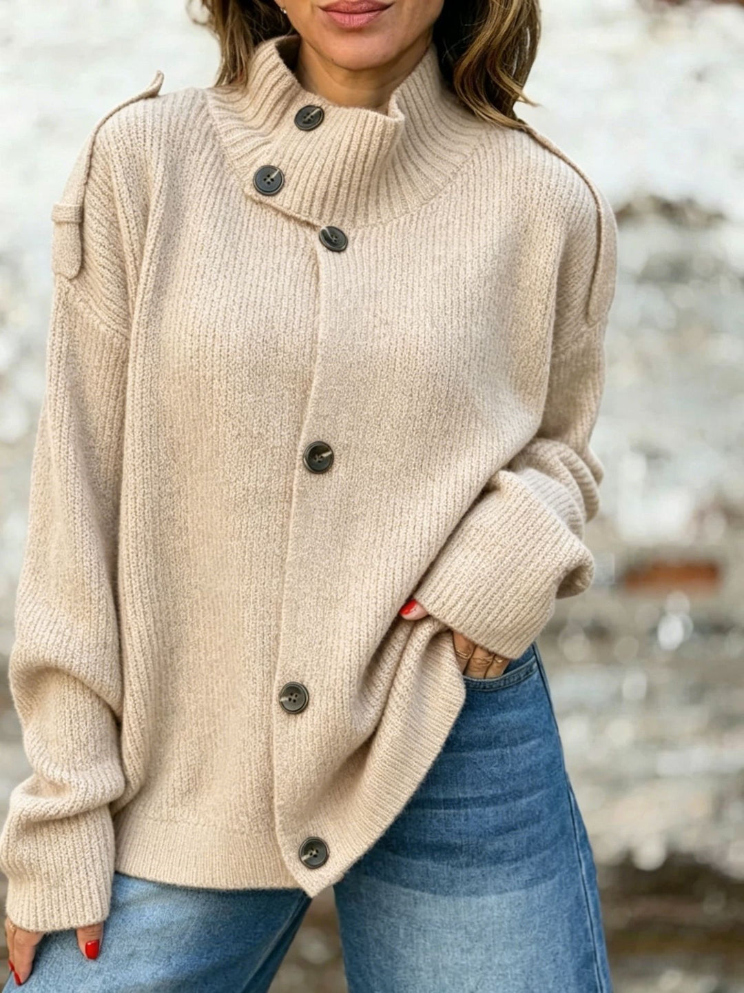 Damen-Cardigan aus Strickwaren – Stehkragen, Gerader Schnitt