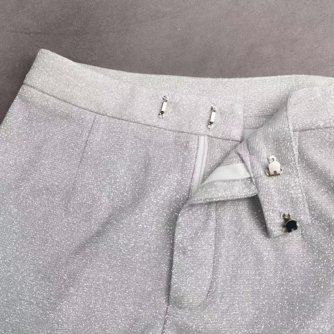 Damespak uit 3 delen - blazer met glanzende afwerking, bralette, rechte broek