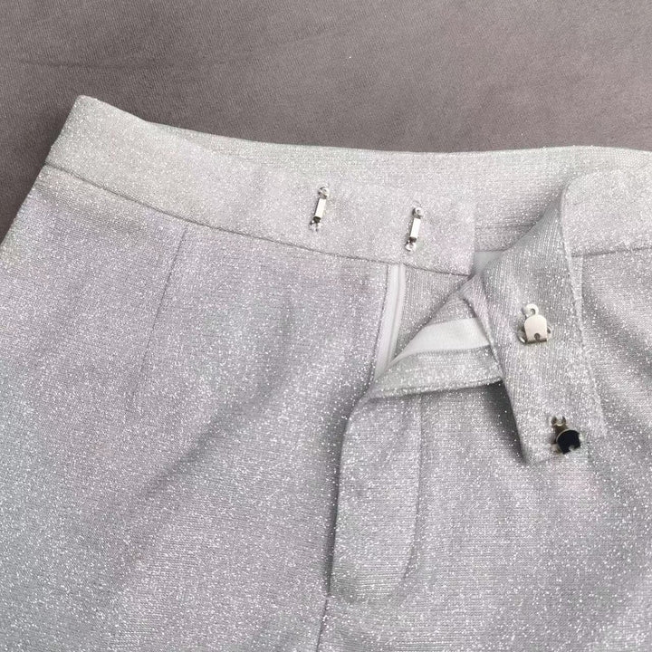 Damespak uit 3 delen - blazer met glanzende afwerking, bralette, rechte broek