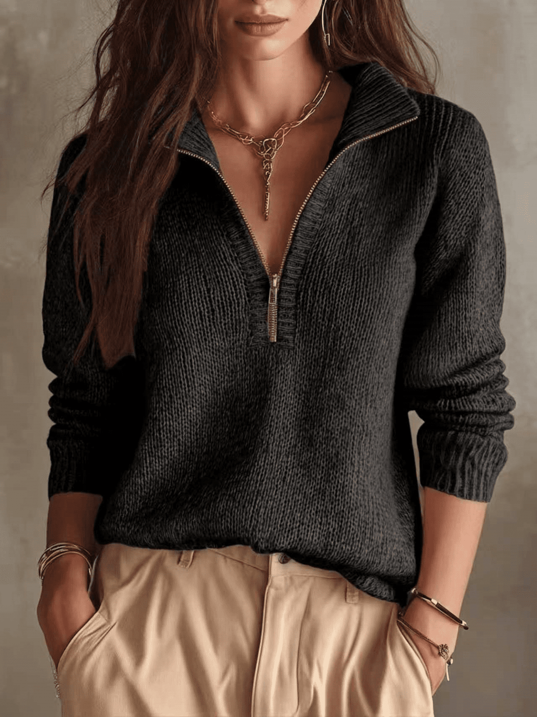 Damen-Pullover mit Stehkragen und Reißverschluss – Lässiger Strickwaren-Schnitt