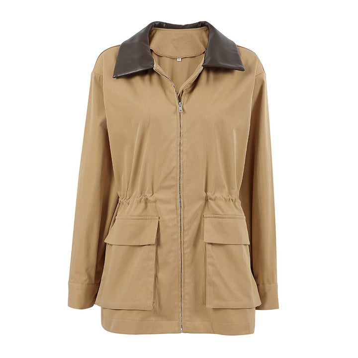 Manteau Femme Mi-long Coton – Col Contrastant Zippé Style Rétro