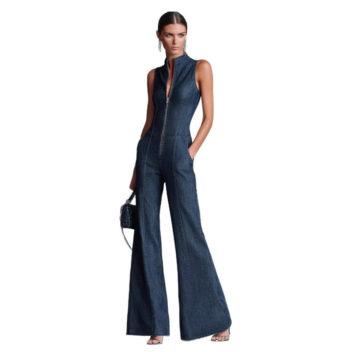 Combinaison Femme en Jean – Coupe Ajustée Sans Manches à Col Montant Zip