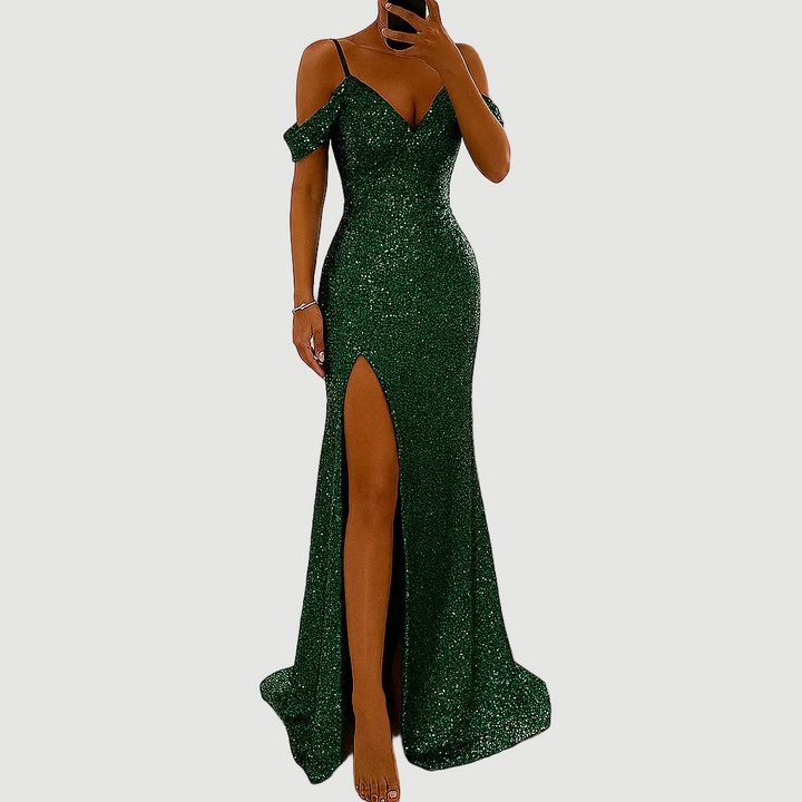 Robe Longue Femme à Sequins – Coupe Épaules Dénudées