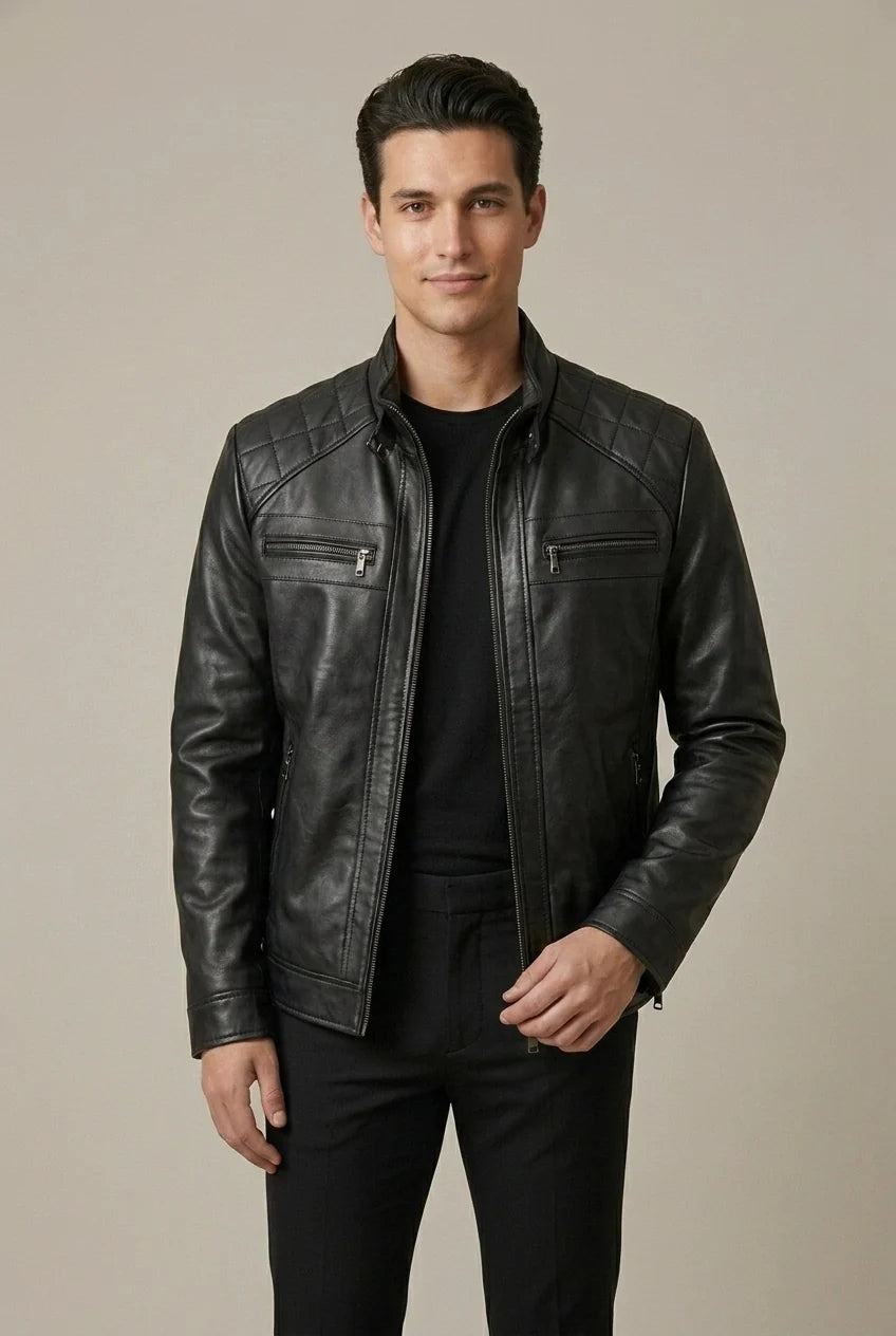 Veste Homme Col Montant – Fermeture Zippée Finition Similicuir