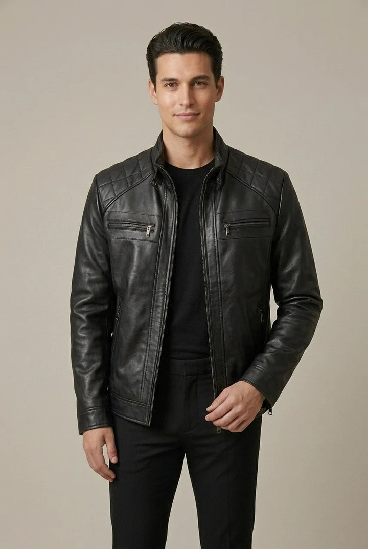 Veste Homme Col Montant – Fermeture Zippée Finition Similicuir