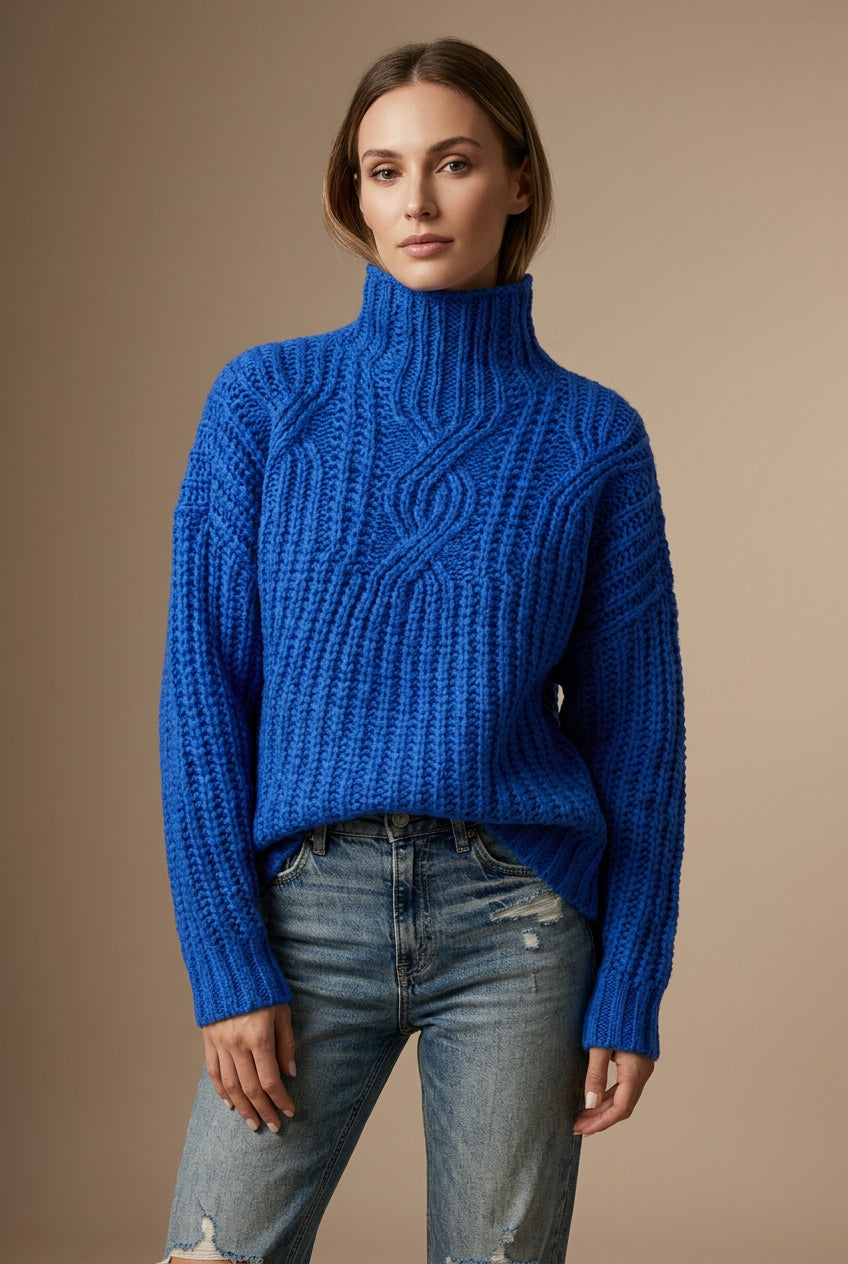 Pull Femme Col Montant Maille Torsadée – Coupe Ample Texturée