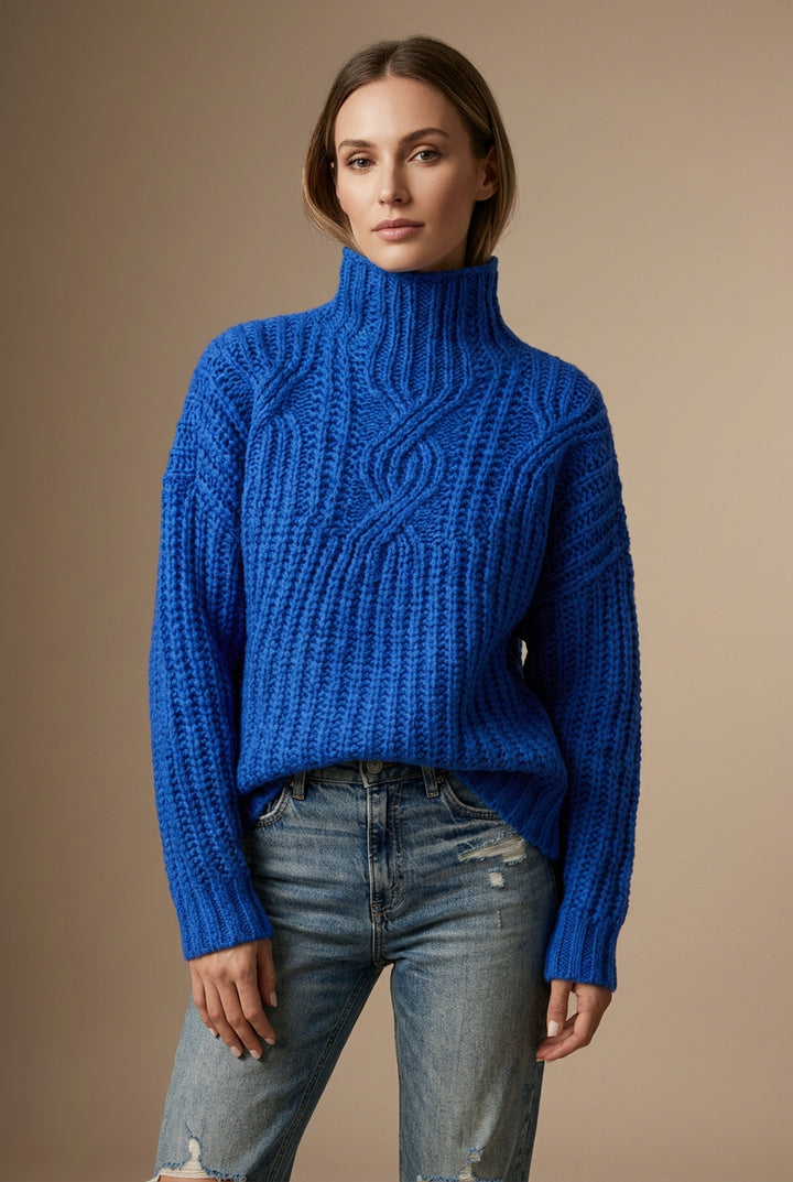 Pull Femme Col Montant Maille Torsadée – Coupe Ample Texturée