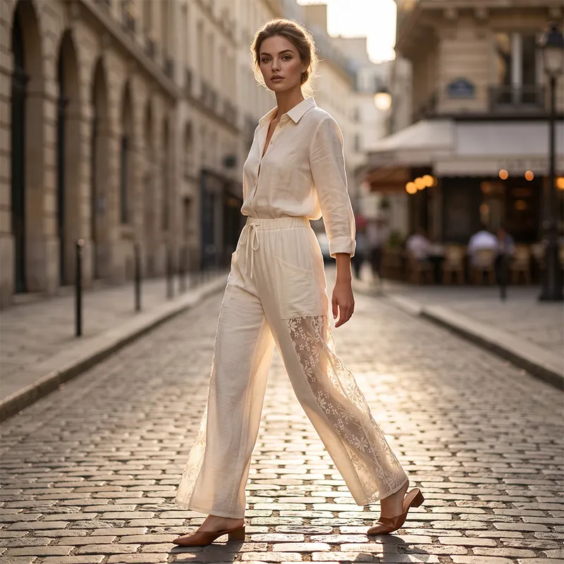 Weite Damenhose – Spitzendetail &amp; Kordelbund