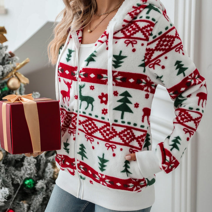 Veste Femme – Cardigan Zippé Doux Motif Noël Mi-longue